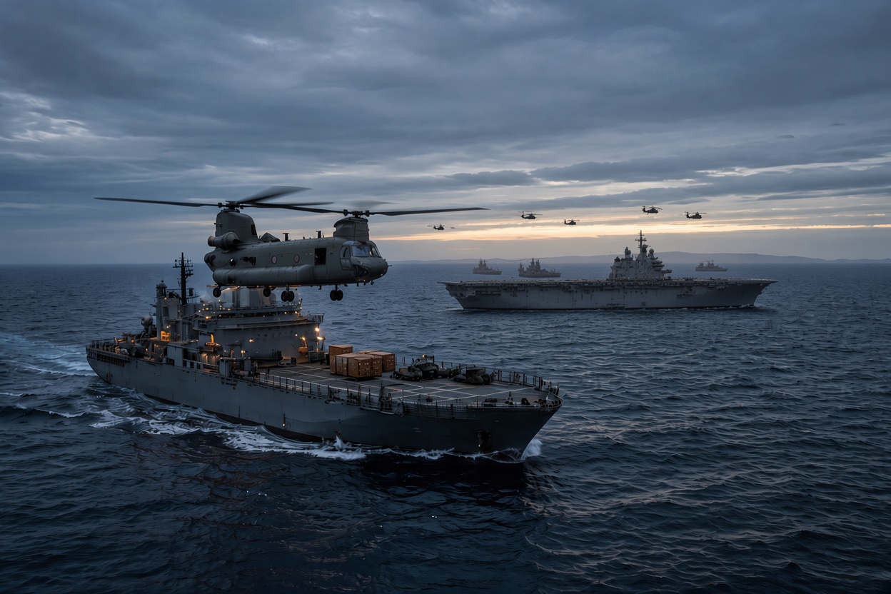 A CH-47 Chinook approaching the deck of a military support vessel at sea, with an amphibious ship, escorts, and a flight of helicopters headed toward a distant coastline